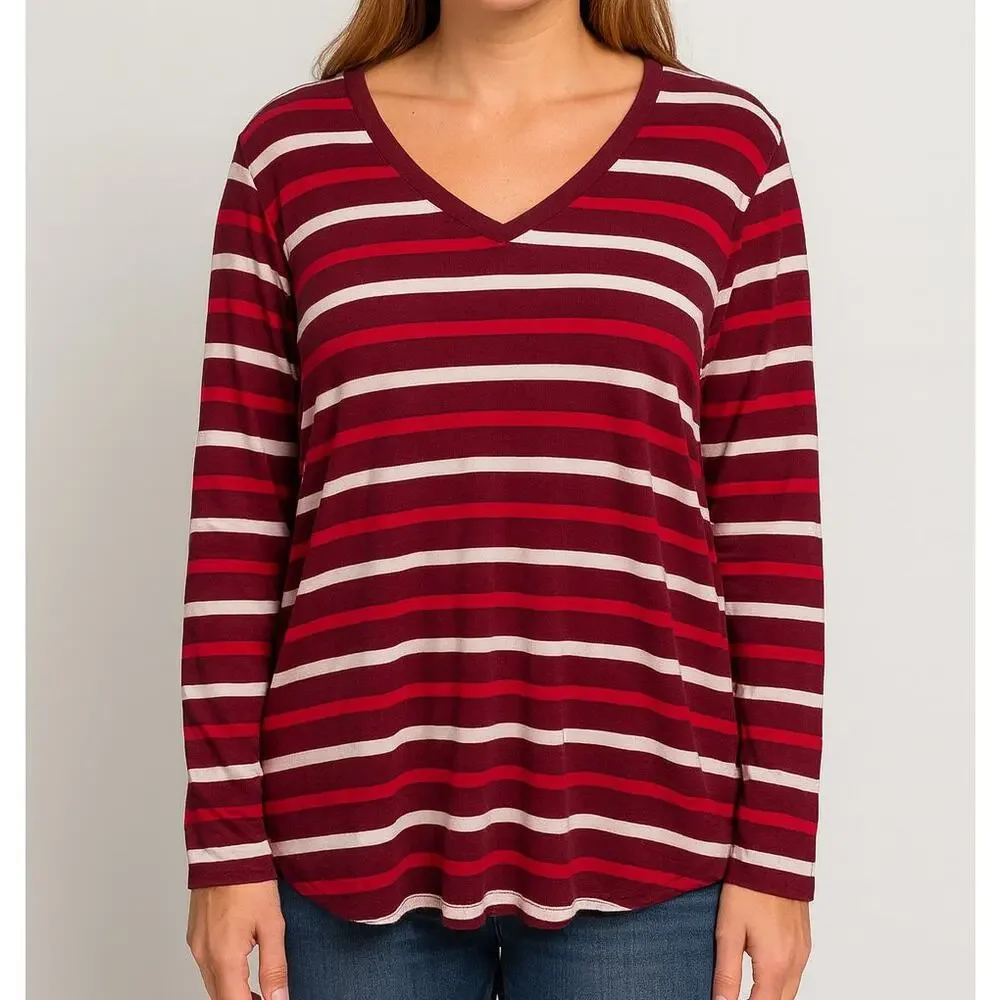 Lands' End Large 14-16 Relaxed Fit Supima Cotton Striped V Neck Long Sleeve T